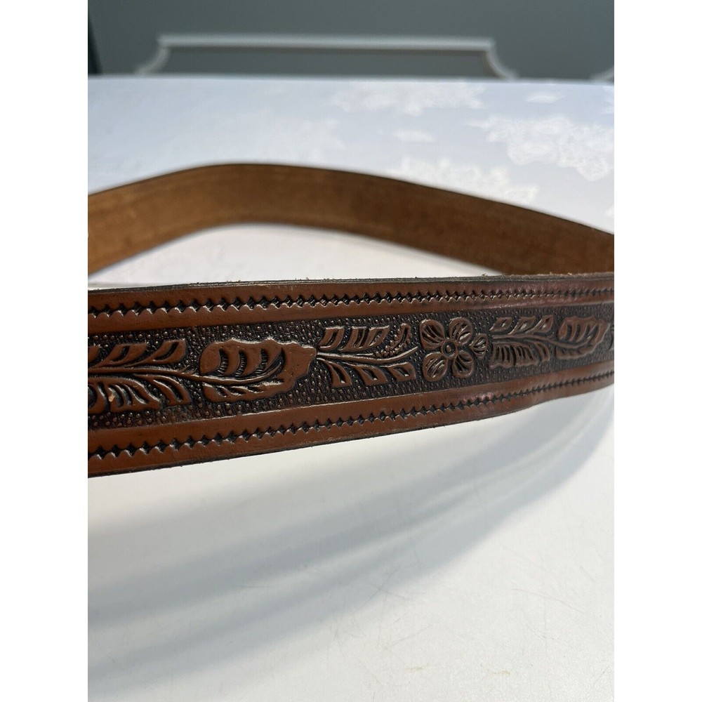 Vintage Brown Floral Embossed Leather Belt w Phoenix Bird Belt Buckle Marked 38 - Picture 14 of 14